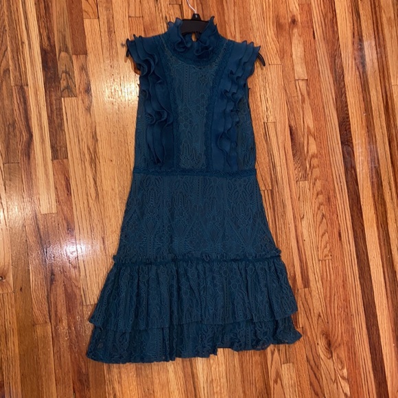 AQUA FOREST GREEN LACE DRESS WITH RUFFLE AND MOCK NECK - Picture 2 of 6